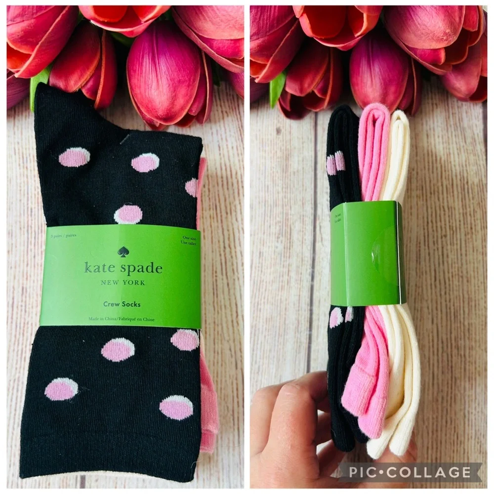 Kate Spade Multicolored Polka Dot / Solid Crew Socks 3pk NWT